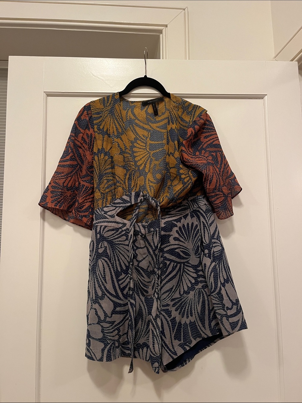 BCBGMaxAzria Multicolor Floral Knit Romper in Mustard, Blue & Coral